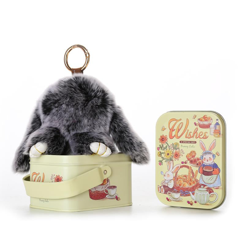 Bunnylulu Handmade Fluffy Bunnypompom Keychain with Designed Tin Box,Gifts for Halloween Christmas Present，Woman Key Perfect Gift Fashion Keychain