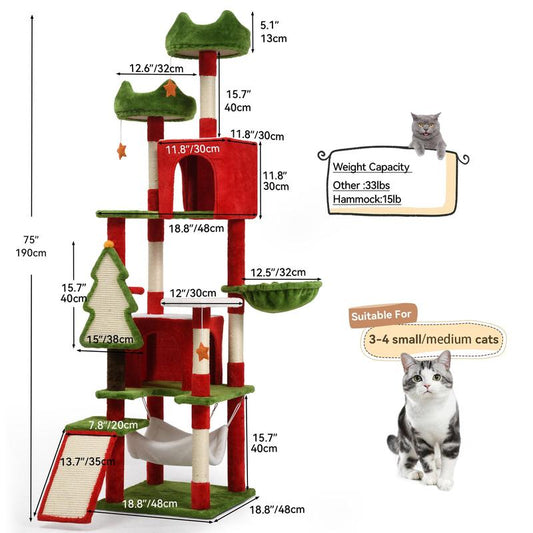 【Fall Deals】Yitahome Tall Cat Tree Tower for Indoor Cats, 75In Multi-Level Cat Climbing Tower with Cat Condos, Top Perches, Hammock, Sisal Scratching Posts and Board, Kittens Play Activity Center, Christmas Decor