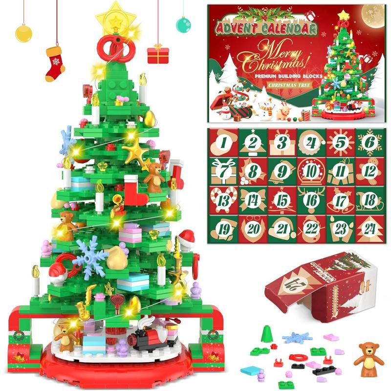 Advent Calendar 2024 Christmas Tree Building Set, 24 Boxes 593 Count Christmas Countdown Calendar Building Blocks with Warm Light, Christmas Gifts for Adults Teens