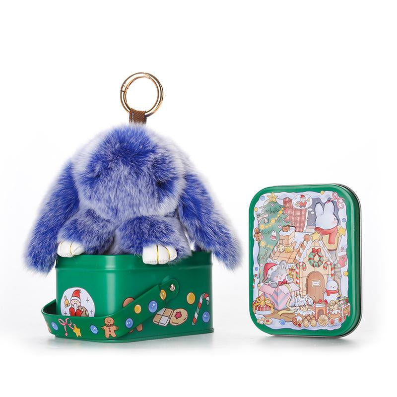 Bunnylulu Handmade Fluffy Bunnypompom Keychain with Designed Tin Box,Gifts for Halloween Christmas Present，Woman Key Perfect Gift Fashion Keychain