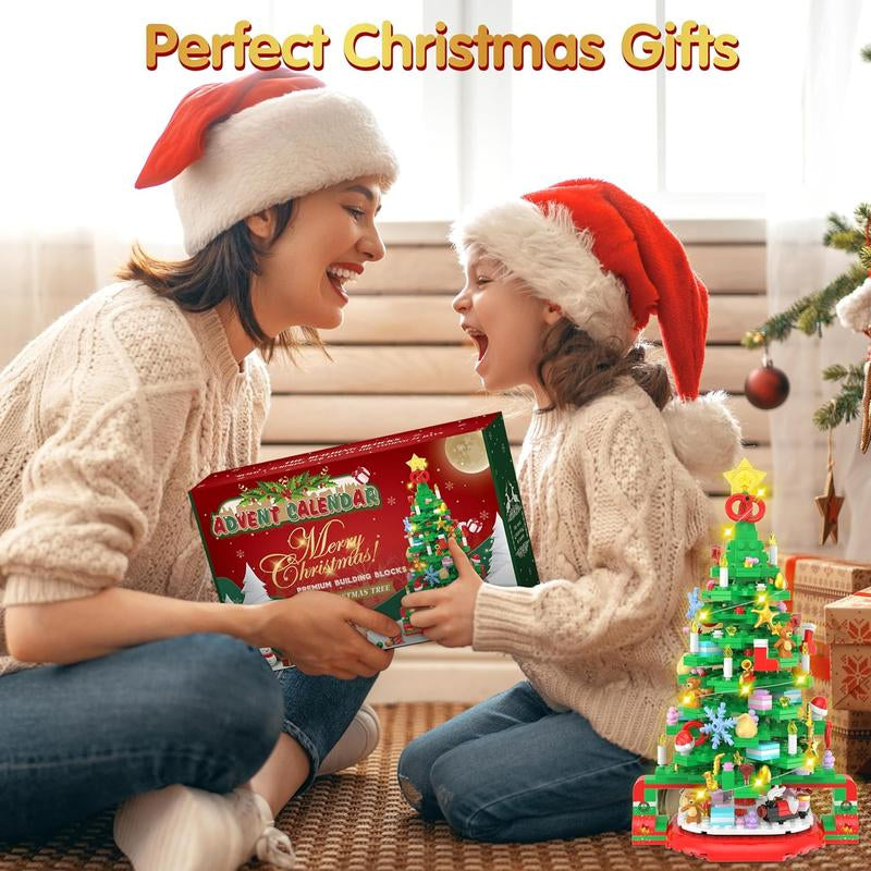 Advent Calendar 2024 Christmas Tree Building Set, 24 Boxes 593 Count Christmas Countdown Calendar Building Blocks with Warm Light, Christmas Gifts for Adults Teens