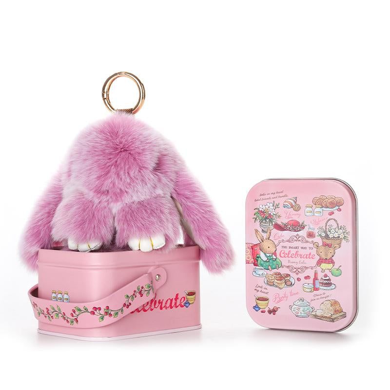 Bunnylulu Handmade Fluffy Bunnypompom Keychain with Designed Tin Box,Gifts for Halloween Christmas Present，Woman Key Perfect Gift Fashion Keychain