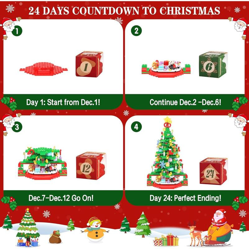 Advent Calendar 2024 Christmas Tree Building Set, 24 Boxes 593 Count Christmas Countdown Calendar Building Blocks with Warm Light, Christmas Gifts for Adults Teens