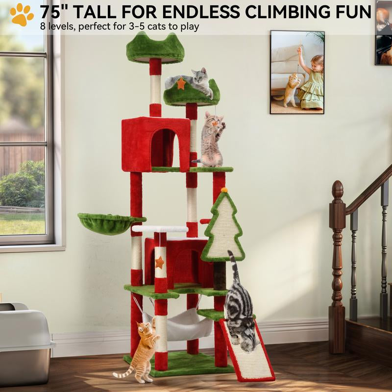 【Fall Deals】Yitahome Tall Cat Tree Tower for Indoor Cats, 75In Multi-Level Cat Climbing Tower with Cat Condos, Top Perches, Hammock, Sisal Scratching Posts and Board, Kittens Play Activity Center, Christmas Decor