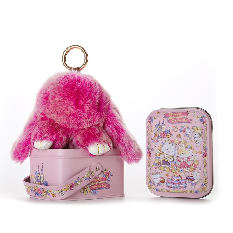 Bunnylulu Handmade Fluffy Bunnypompom Keychain with Designed Tin Box,Gifts for Halloween Christmas Present，Woman Key Perfect Gift Fashion Keychain