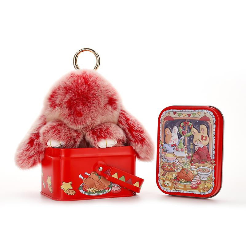 Bunnylulu Handmade Fluffy Bunnypompom Keychain with Designed Tin Box,Gifts for Halloween Christmas Present，Woman Key Perfect Gift Fashion Keychain