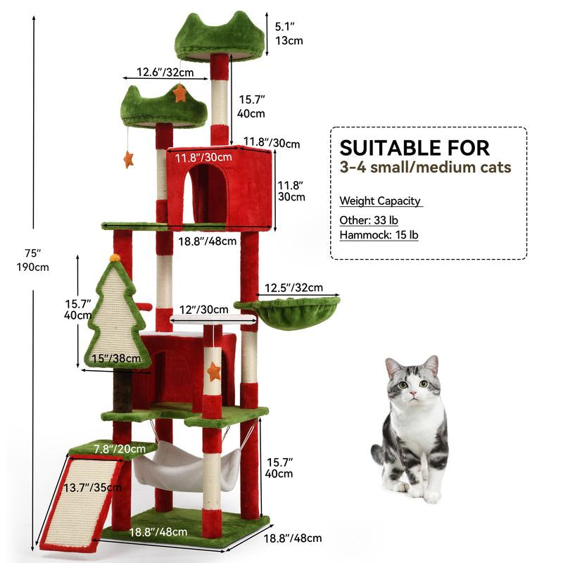 【Fall Deals】Yitahome Tall Cat Tree Tower for Indoor Cats, 75In Multi-Level Cat Climbing Tower with Cat Condos, Top Perches, Hammock, Sisal Scratching Posts and Board, Kittens Play Activity Center, Christmas Decor