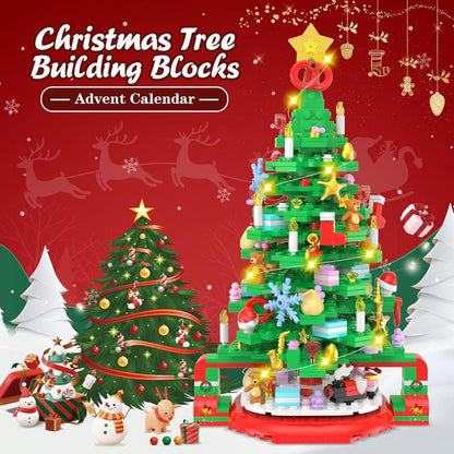 Advent Calendar 2024 Christmas Tree Building Set, 24 Boxes 593 Count Christmas Countdown Calendar Building Blocks with Warm Light, Christmas Gifts for Adults Teens